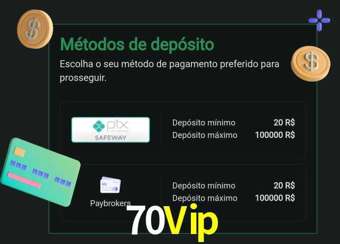 O cassino 70Vip oferece uma grande variedade de métodos de pagamento